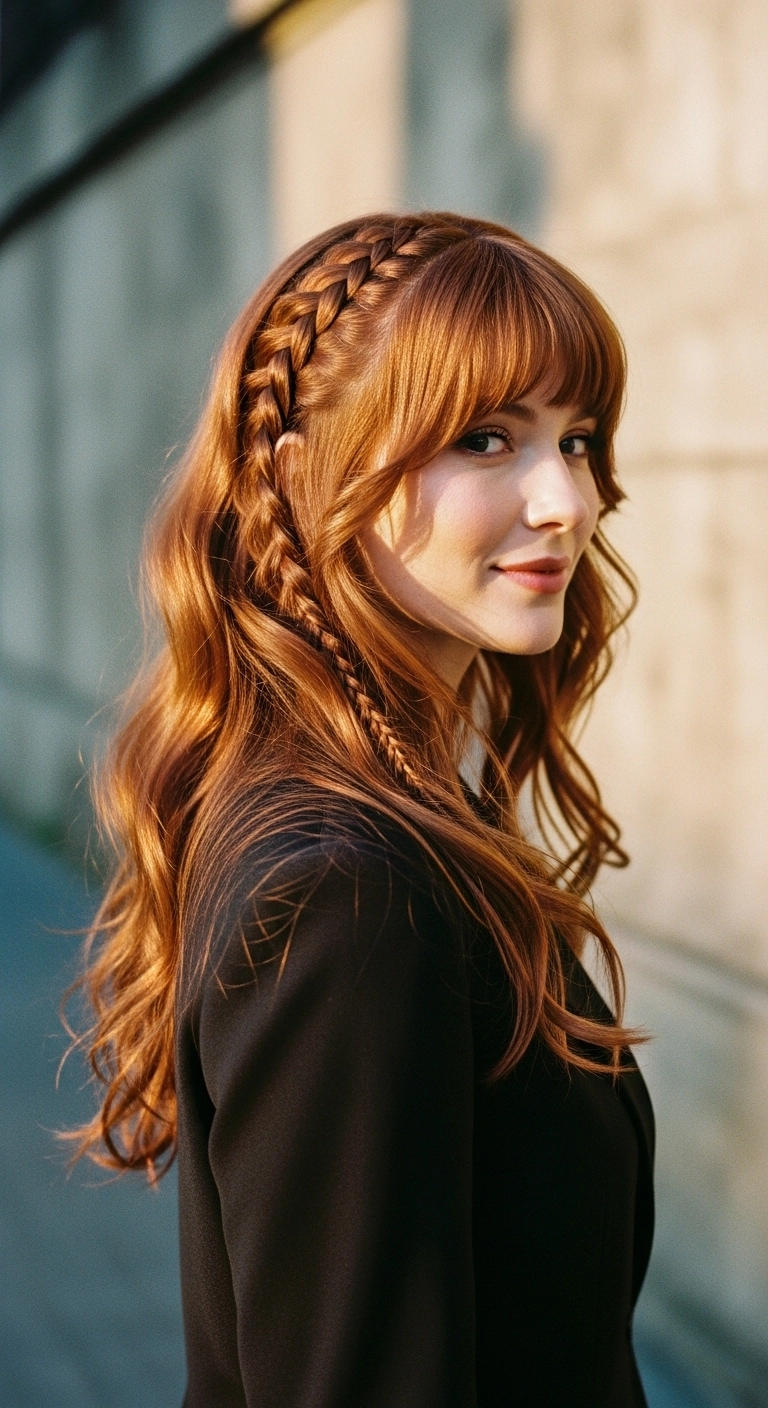 Romantic Copper Dutch Braid Crown with Soft Waves and Bangs