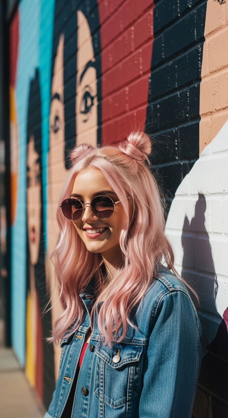 Pastel Pink Half-Up Space Buns with Soft Waves
