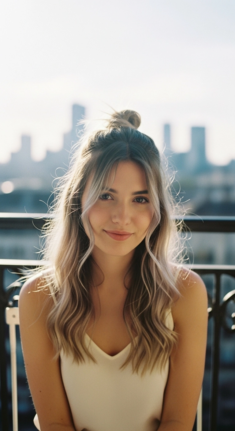 Effortless Half-Up Top Knot with Ash Balayage