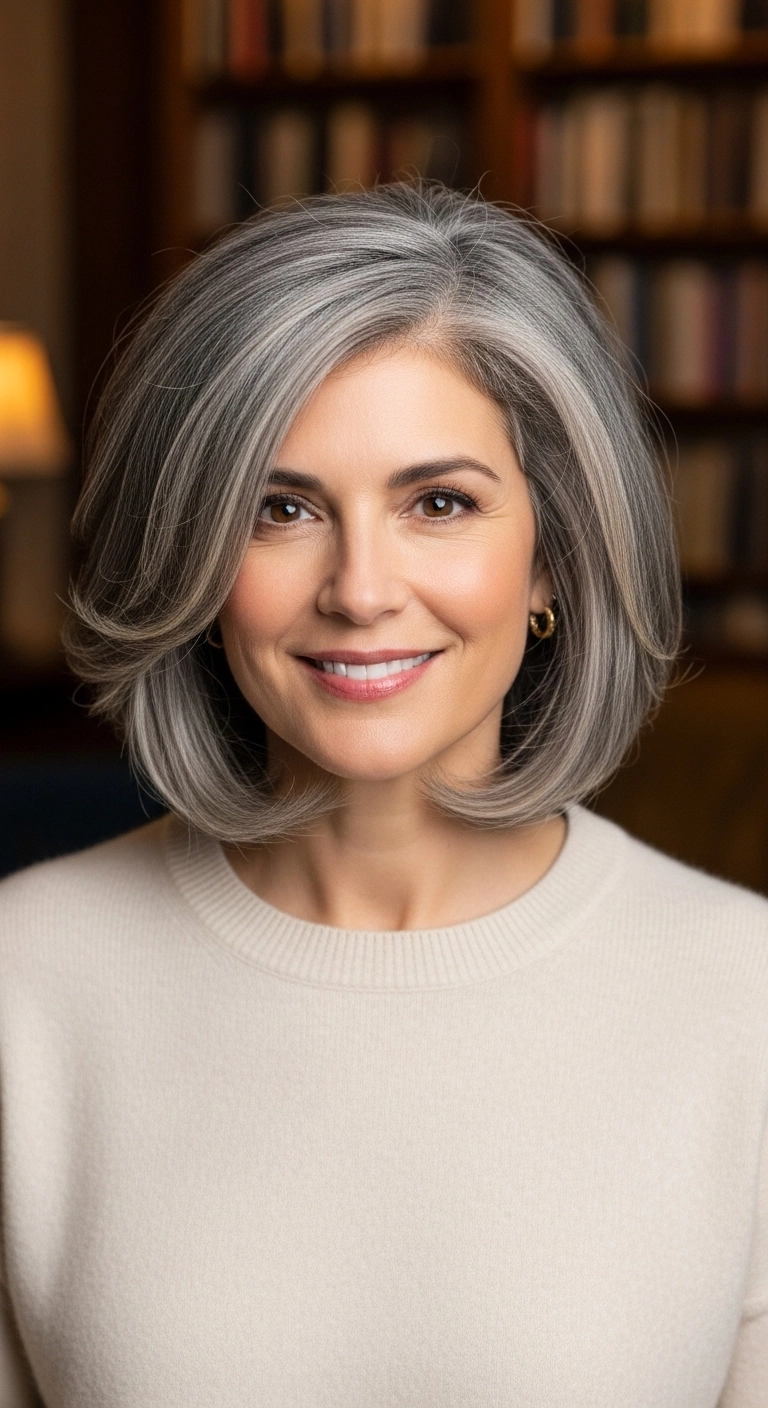Voluminous Silver Silk Bob with Sweeping Layers