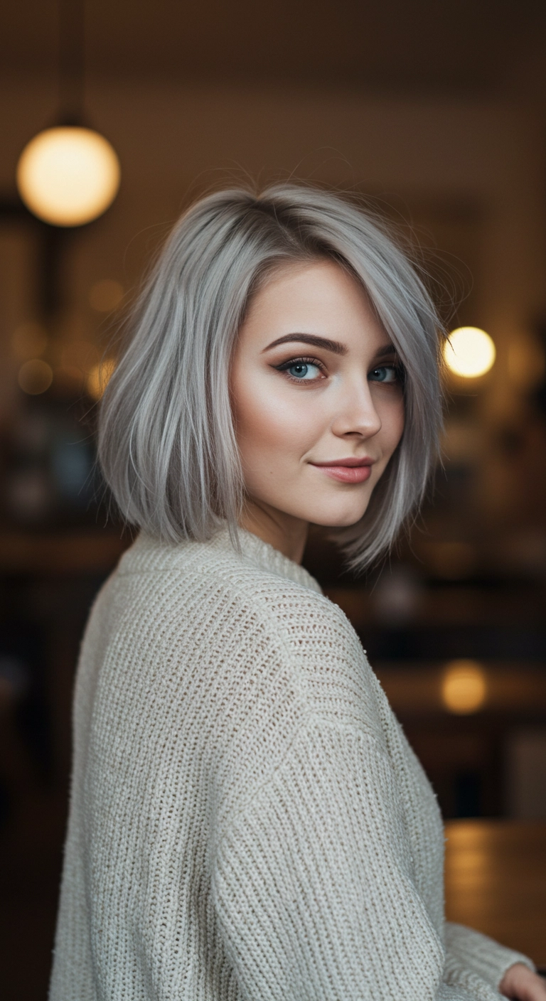 Icy Silver Textured Chin-Length Bob