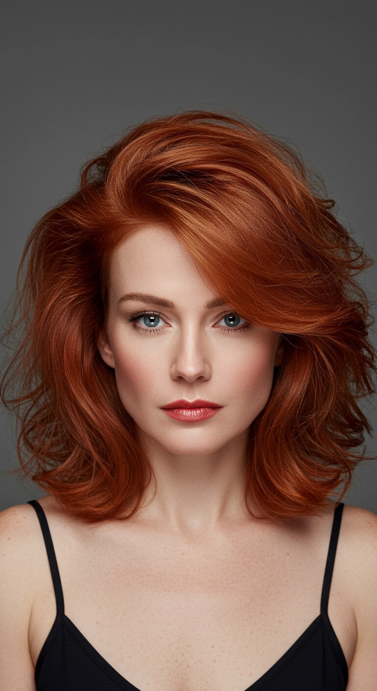 Voluminous Copper Layered Lob with Swooping Fringe
