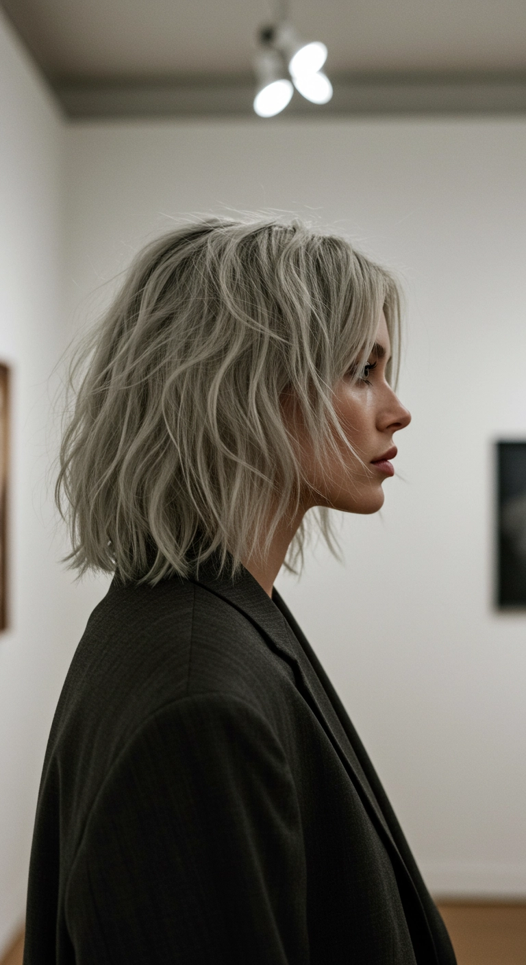 Tousled Icy Ash Blonde Textured Lob