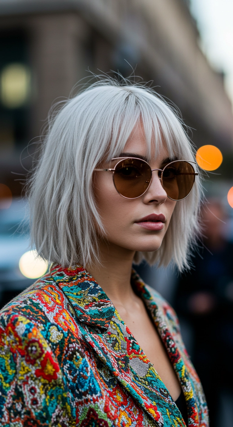 Icy Platinum Textured Bob with Wispy Fringe