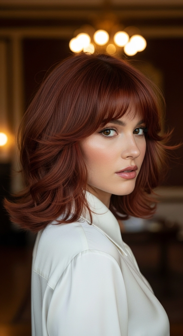 Warm Auburn Layered Lob with Retro Flicks and Curtain Bangs