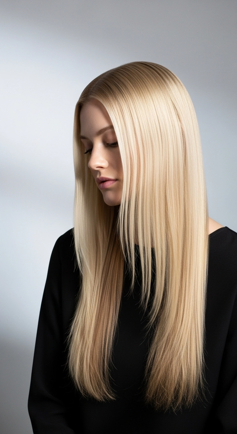 Ultra-Sleek Pin-Straight Champagne Blonde with Face-Framing Layers