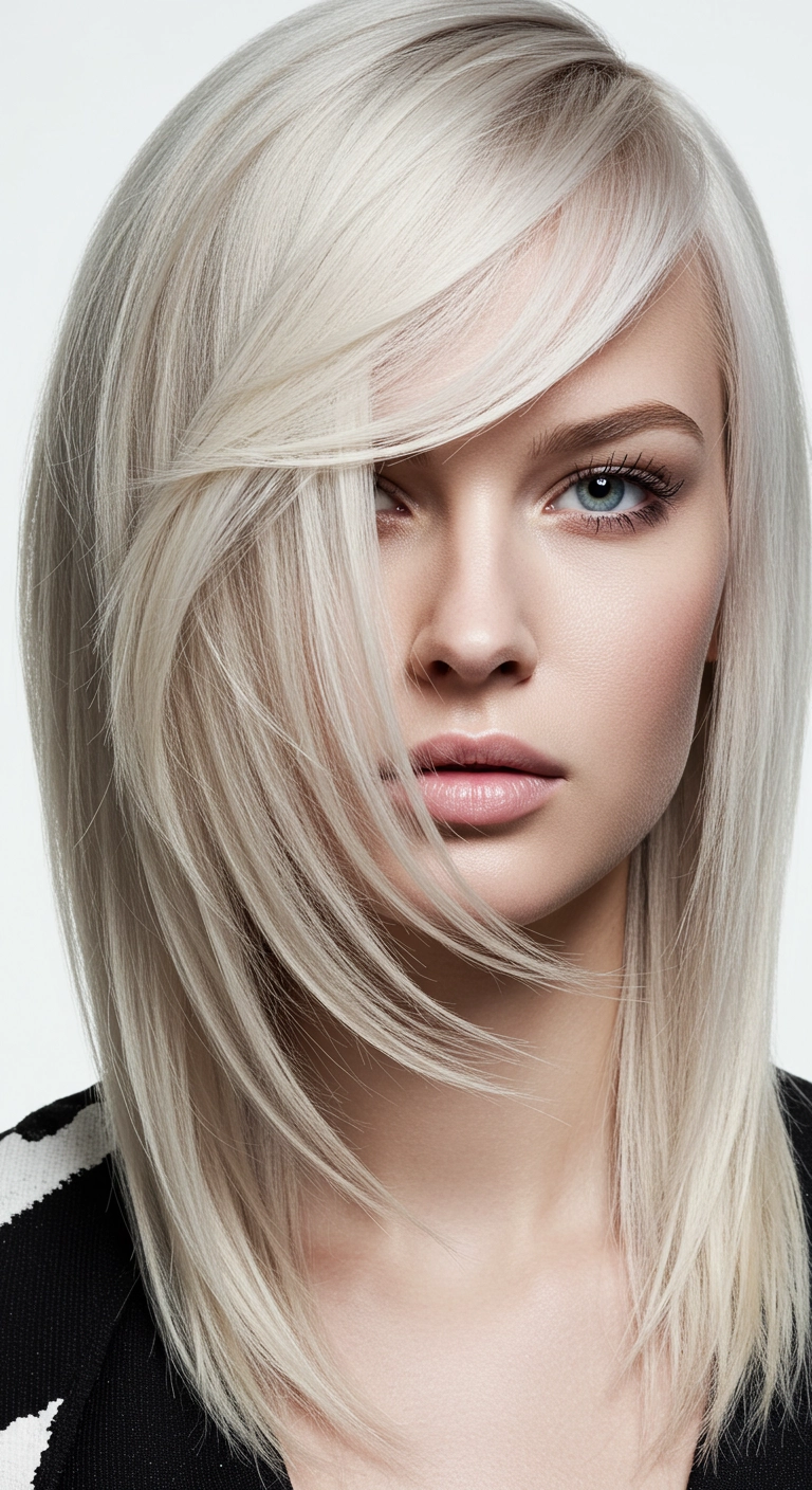 Icy Platinum Lob with Sweeping Feathered Bangs