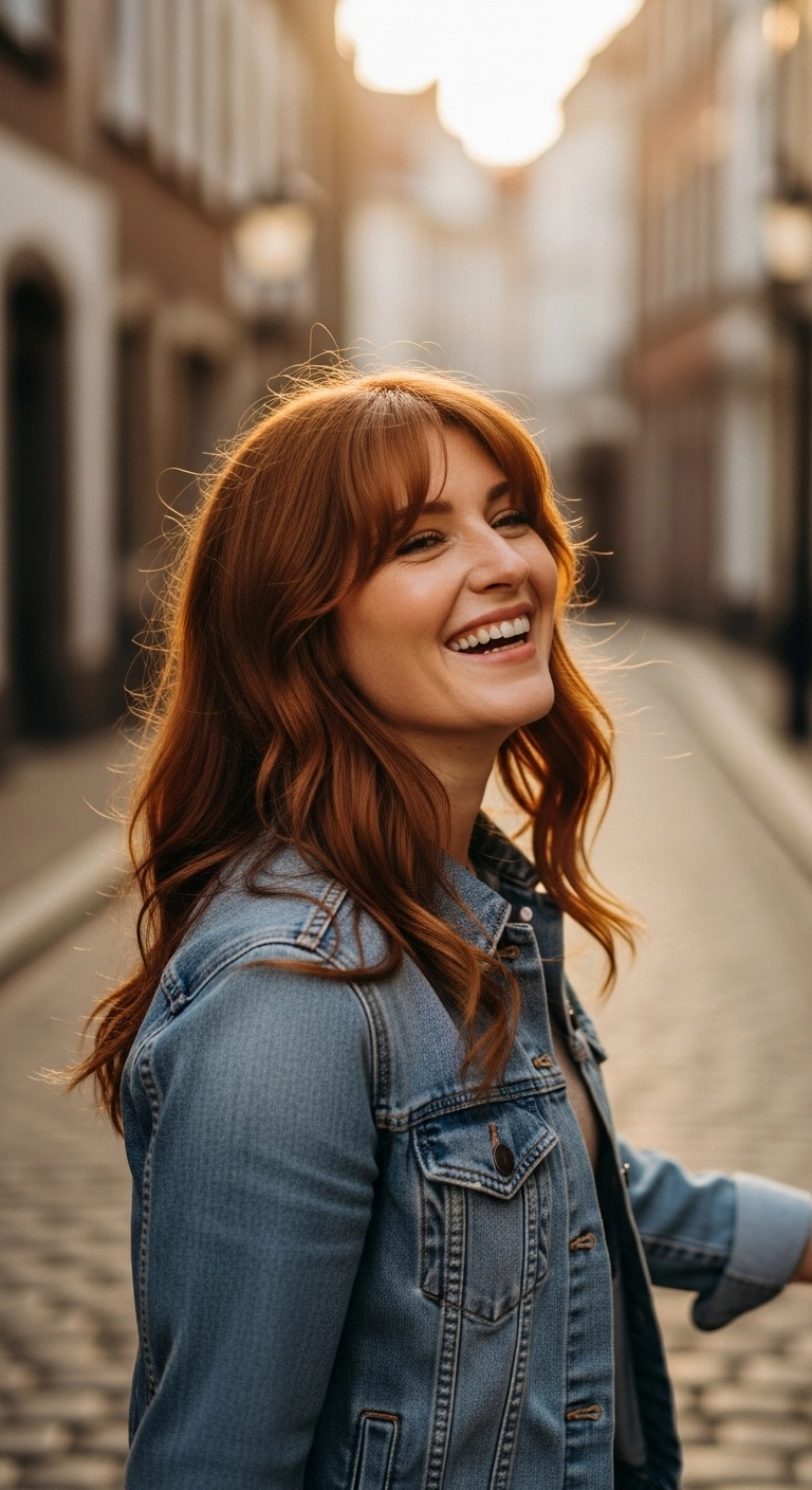 Effortless Warm Copper Waves with Wispy Fringe