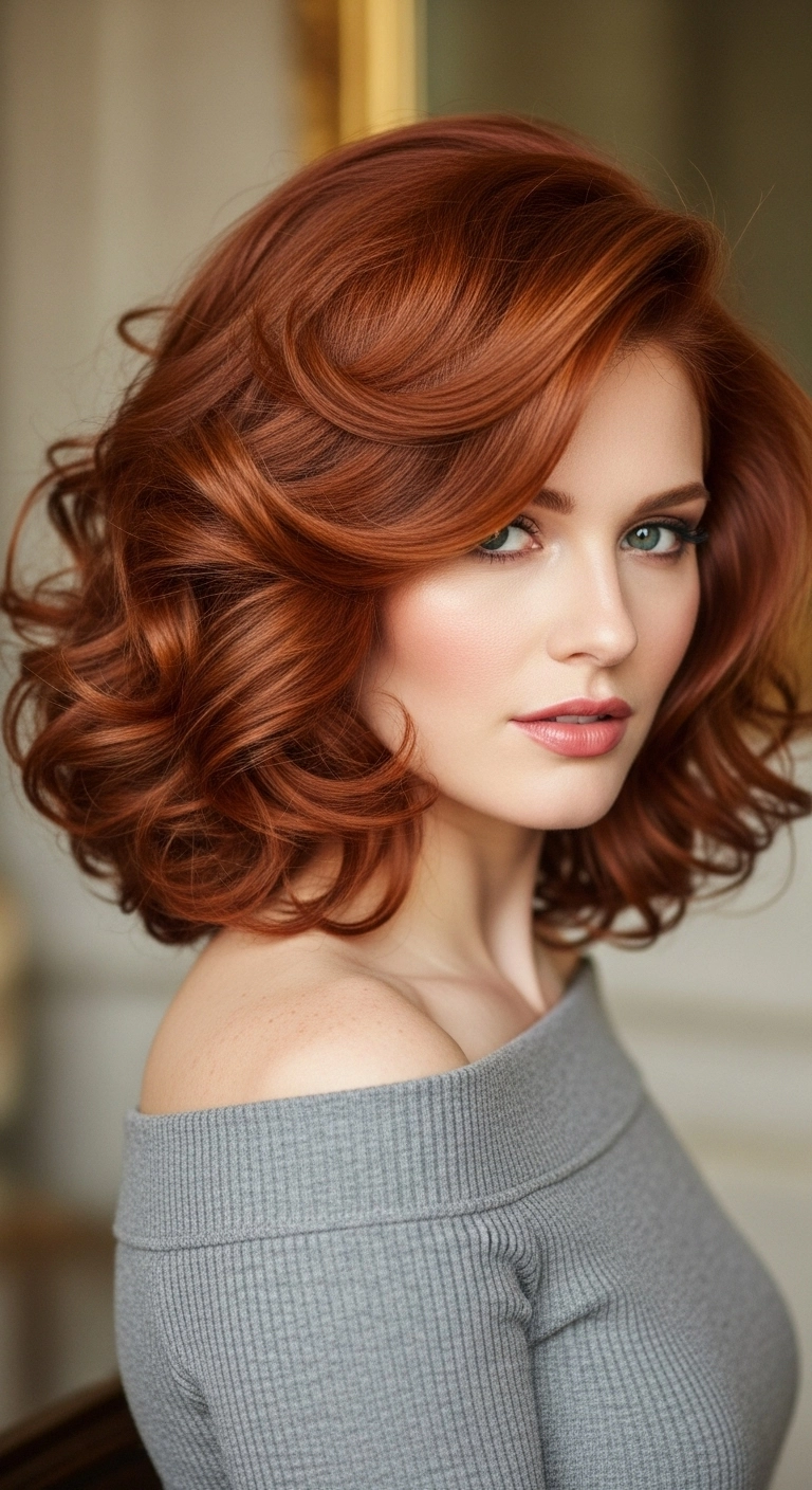 Voluminous Copper Lob with Sweeping Retro Blowout