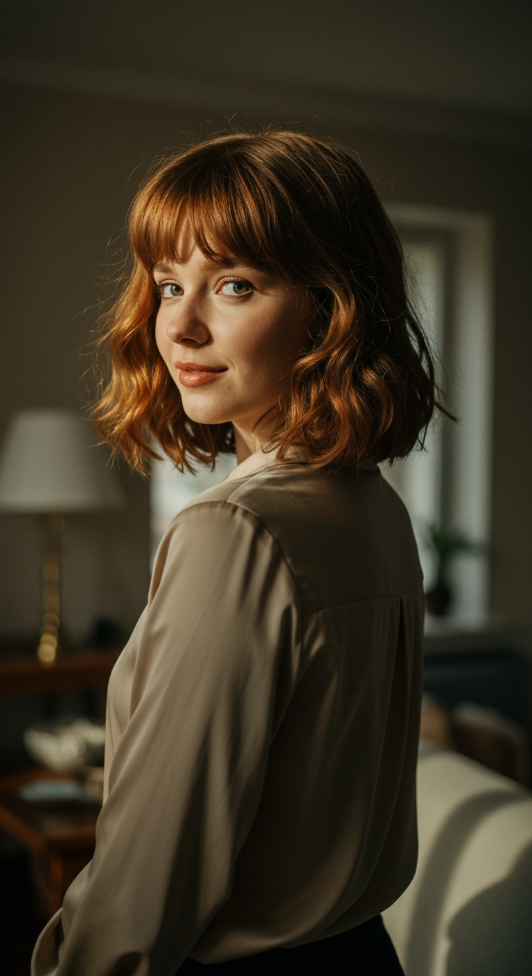 Effortless Wavy Copper Bob with Wispy Full Bangs