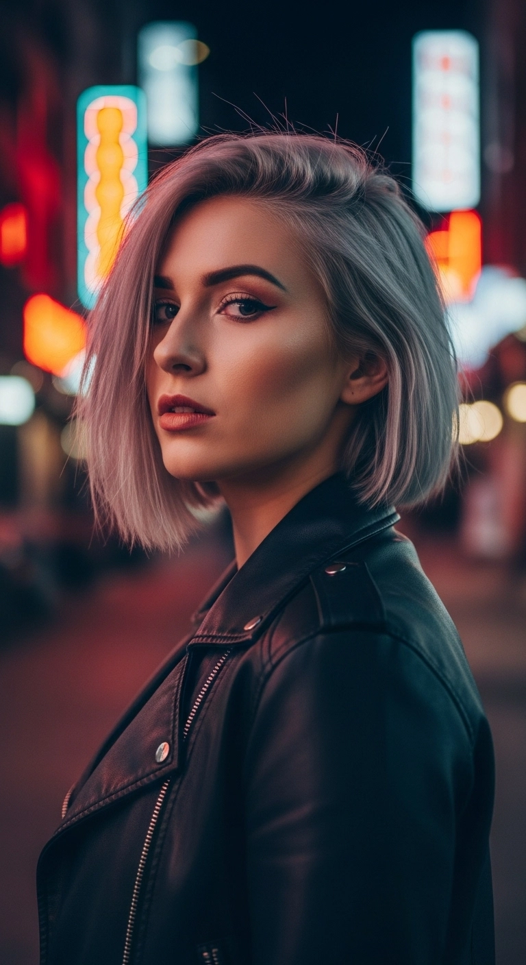 Icy Silver Chin-Length Bob with Deep Side Part