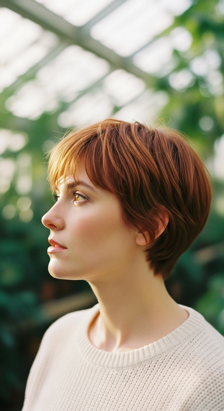 Soft Copper Layered Pixie Cut with Wispy Bangs