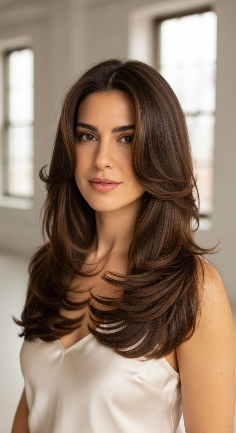 Voluminous 90s Butterfly Blowout on Rich Chocolate Brown Hair