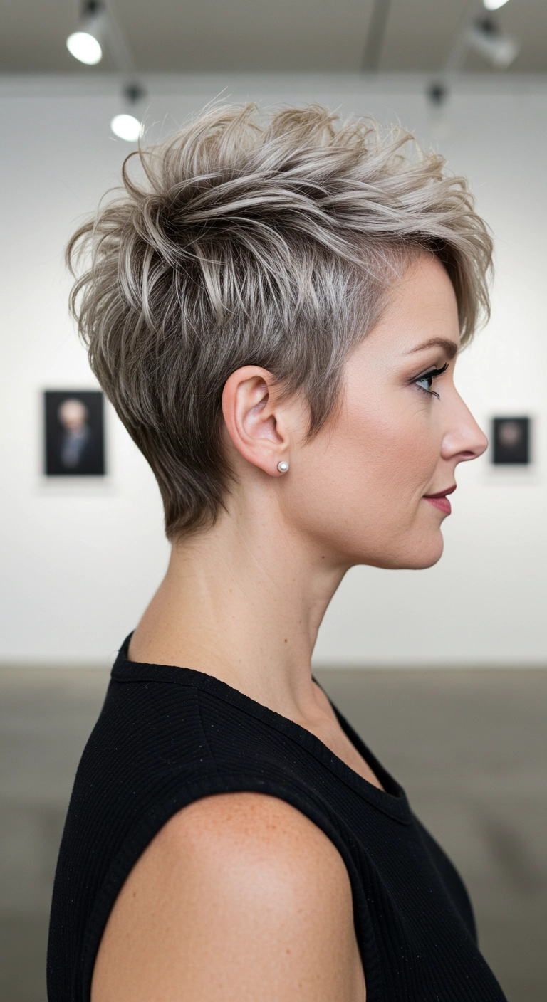 Textured Ash Blonde Pixie Cut with Shadow Root