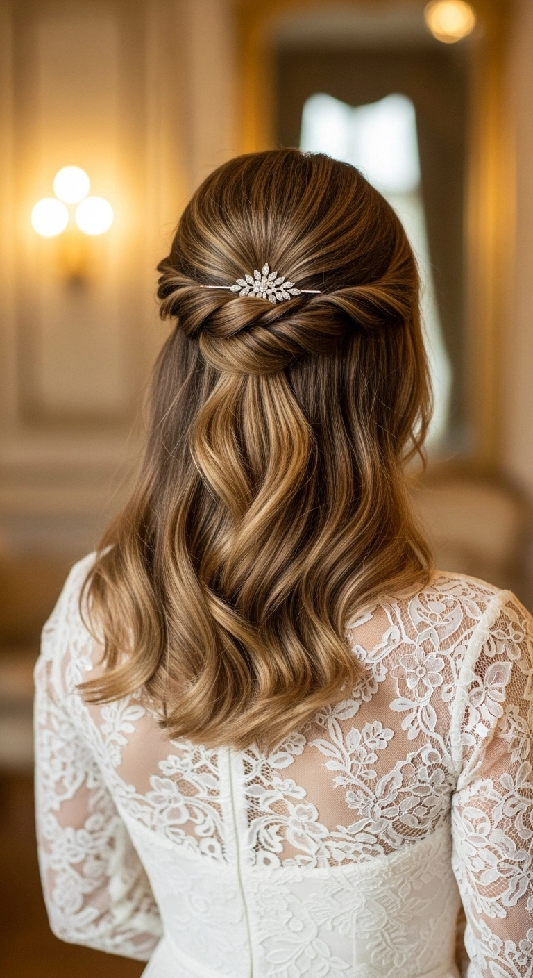 Twisted Bridal Half-Updo with Soft Honey Balayage Waves