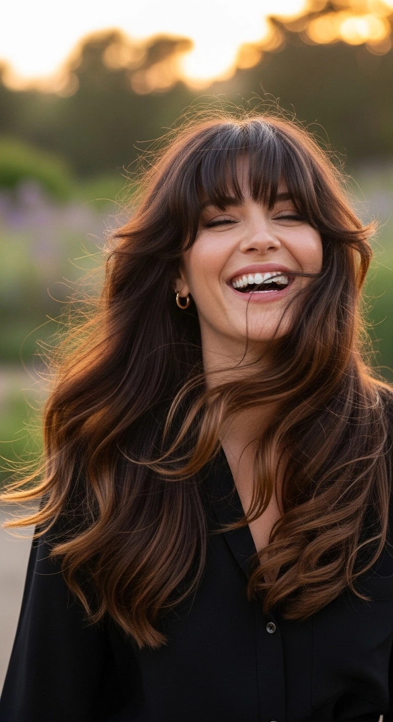 70s-Inspired Long Layered Cut with Birkin Bangs