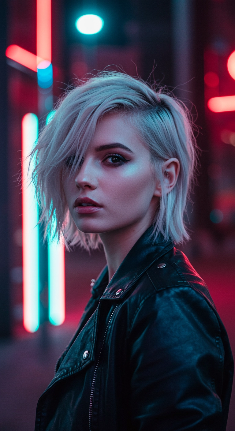 Edgy Icy Platinum Choppy Bob with Deep Side-Swept Fringe