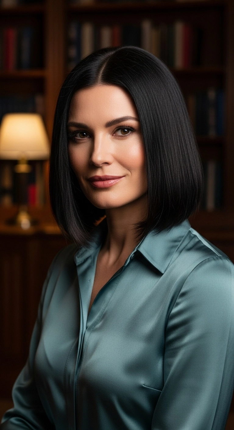 Glossy Jet Black Middle-Part Sleek Lob