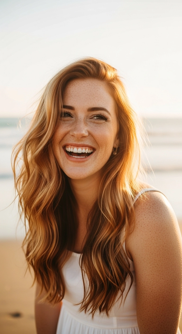 Sun-Kissed Copper Balayage with Effortless Beach Waves