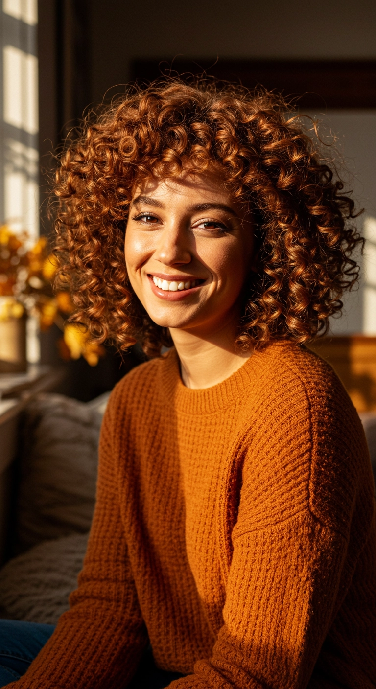 Voluminous Warm Copper Curly Lob with Fringe