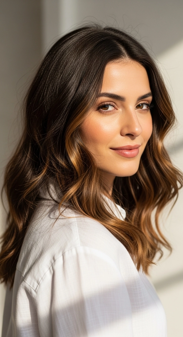 Sunlit Caramel Balayage Waves with Face Framing