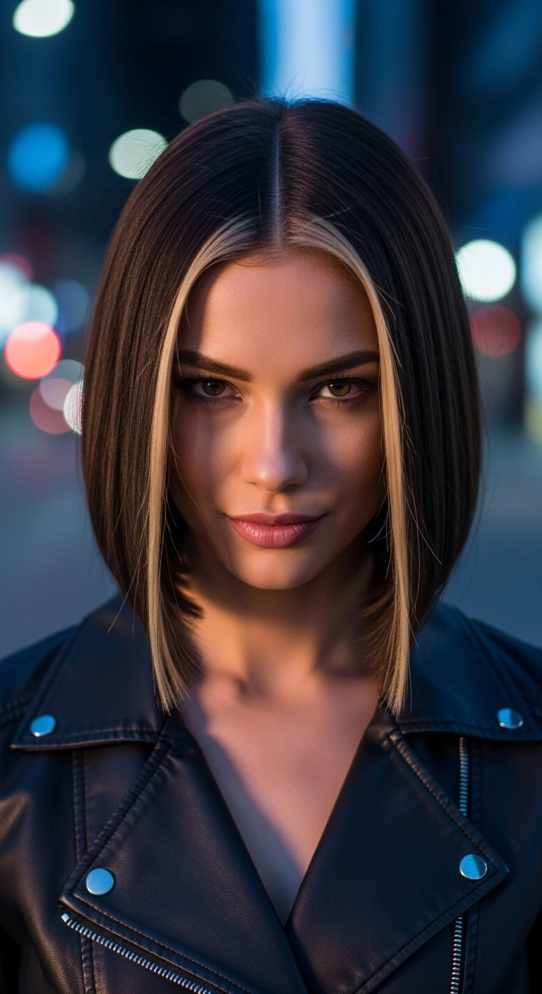Sleek Dark Brown Blunt Bob with High-Contrast Blonde Money Piece
