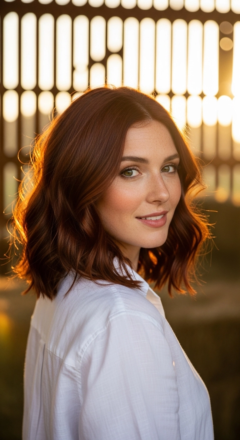Warm Auburn Wavy Lob with Face-Framing Dimension