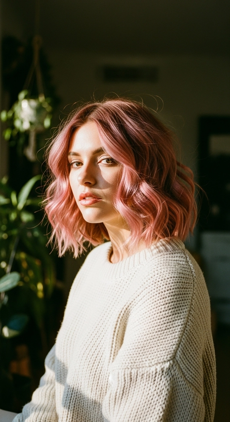 Dusty Rose Gold Wavy Lob with Face-Framing Layers
