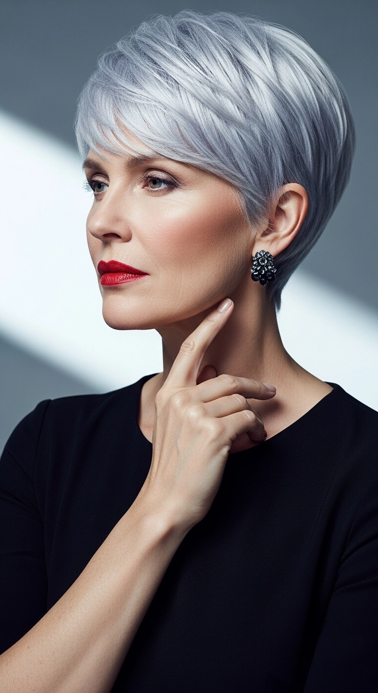 Polished Silver Pixie Cut with Side-Swept Bangs