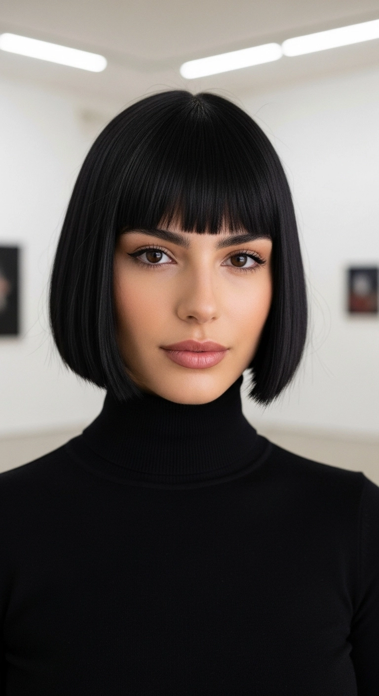 Sleek Jet Black French Bob with Blunt Bangs