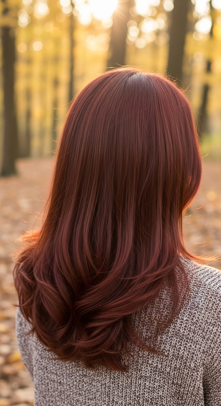 Silky Auburn Long Layers with Bouncy Curved Blowout