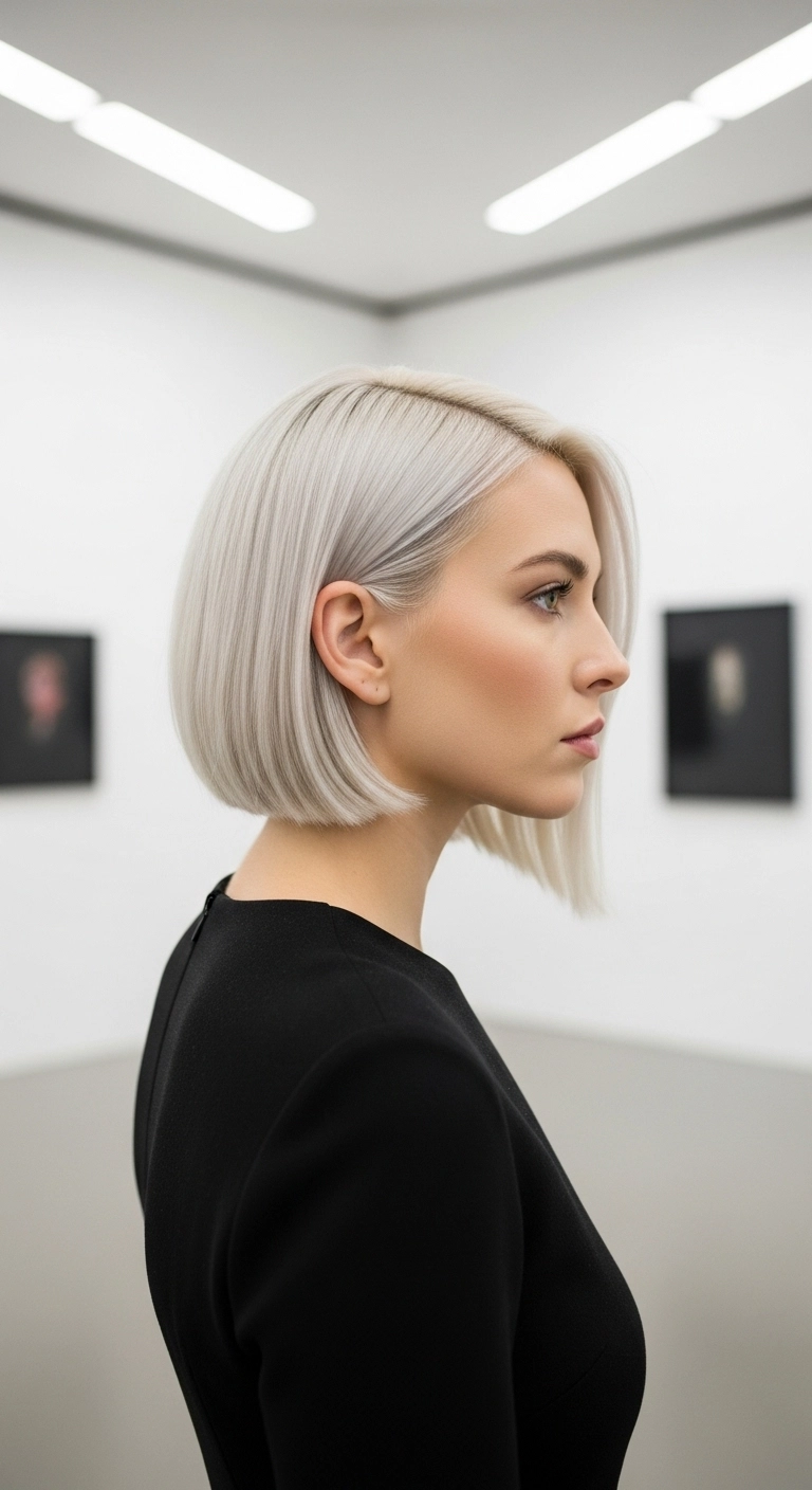 Icy Platinum Asymmetrical Blunt Bob