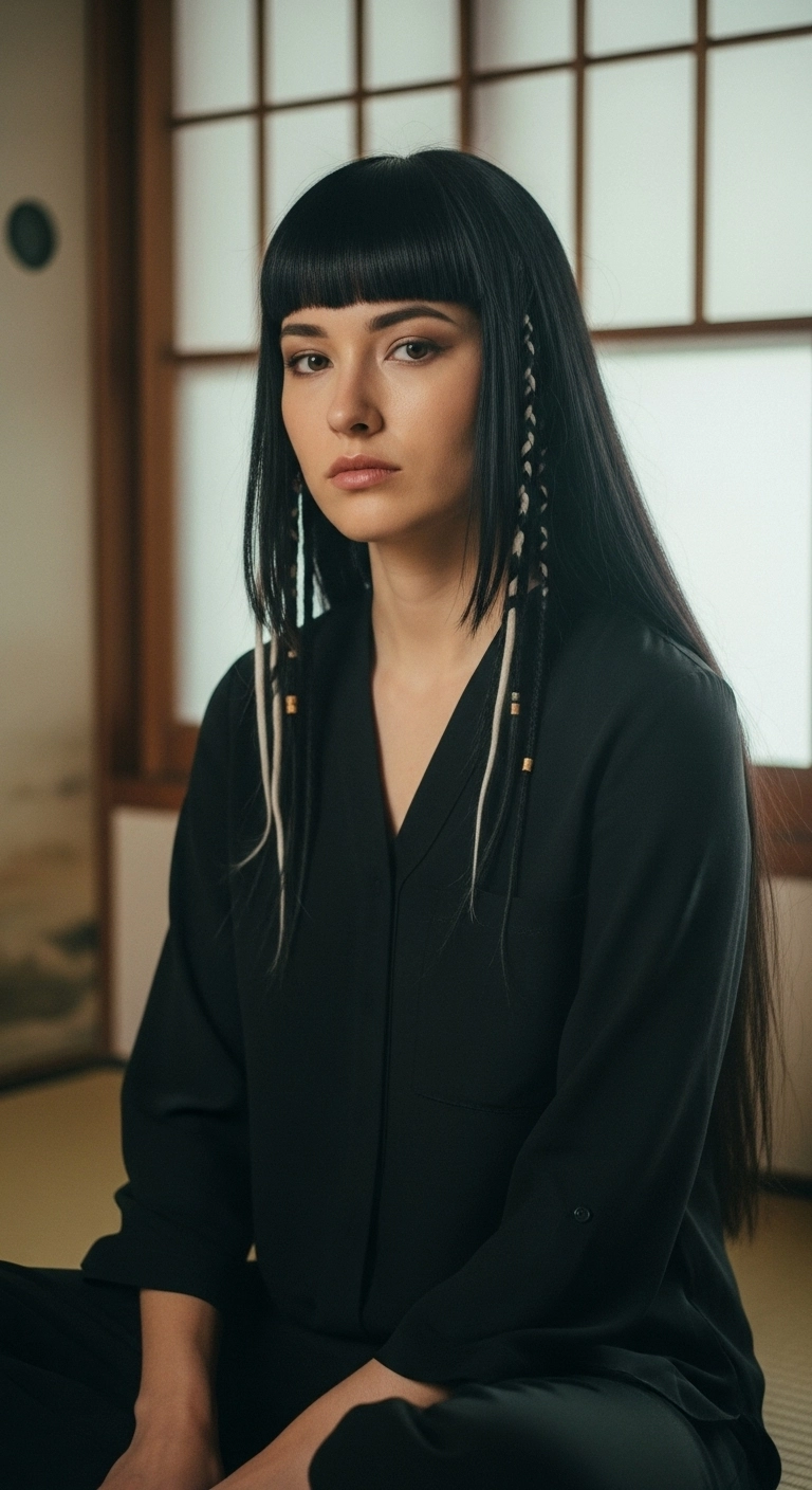 Sleek Jet-Black Extra Long Hair with Blunt Bangs & Braided Hair Wraps