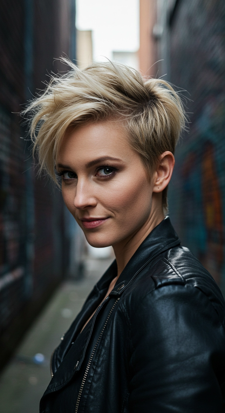Edgy Textured Blonde Pixie with Side-Swept Bangs