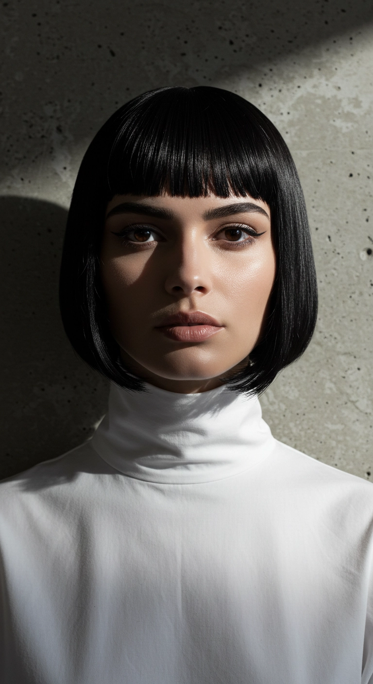 Jet Black Jawline Bob with Micro Baby Bangs