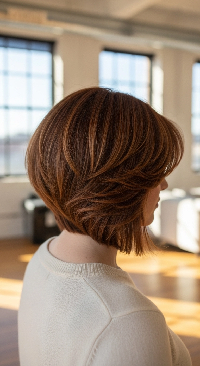 Feathered Auburn Stacked Bob with Copper Dimension
