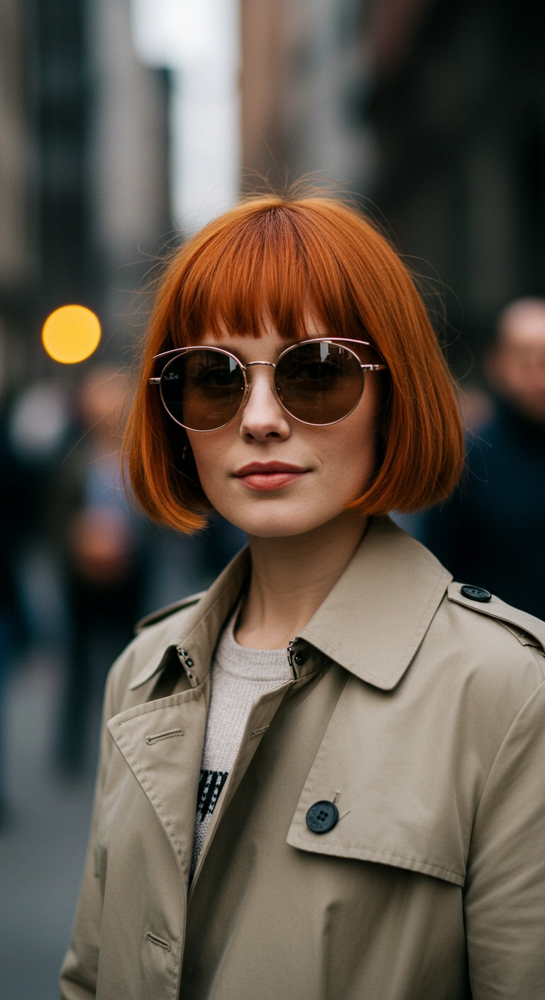 Vibrant Copper French Bob with Full Blunt Bangs
