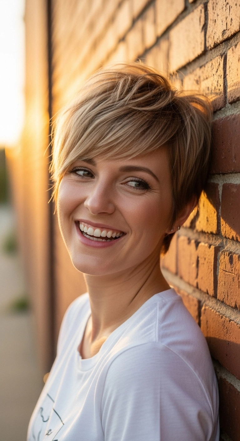 Sun-Kissed Textured Pixie Cut with Side-Swept Bangs