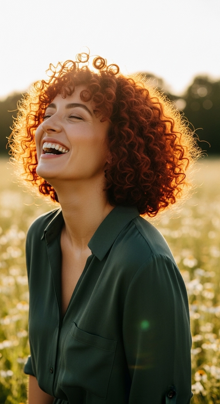 Voluminous Copper Curly Bob with Ringlet Bangs