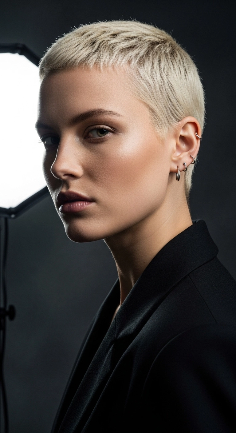 Platinum Blonde Textured Buzz Pixie Cut