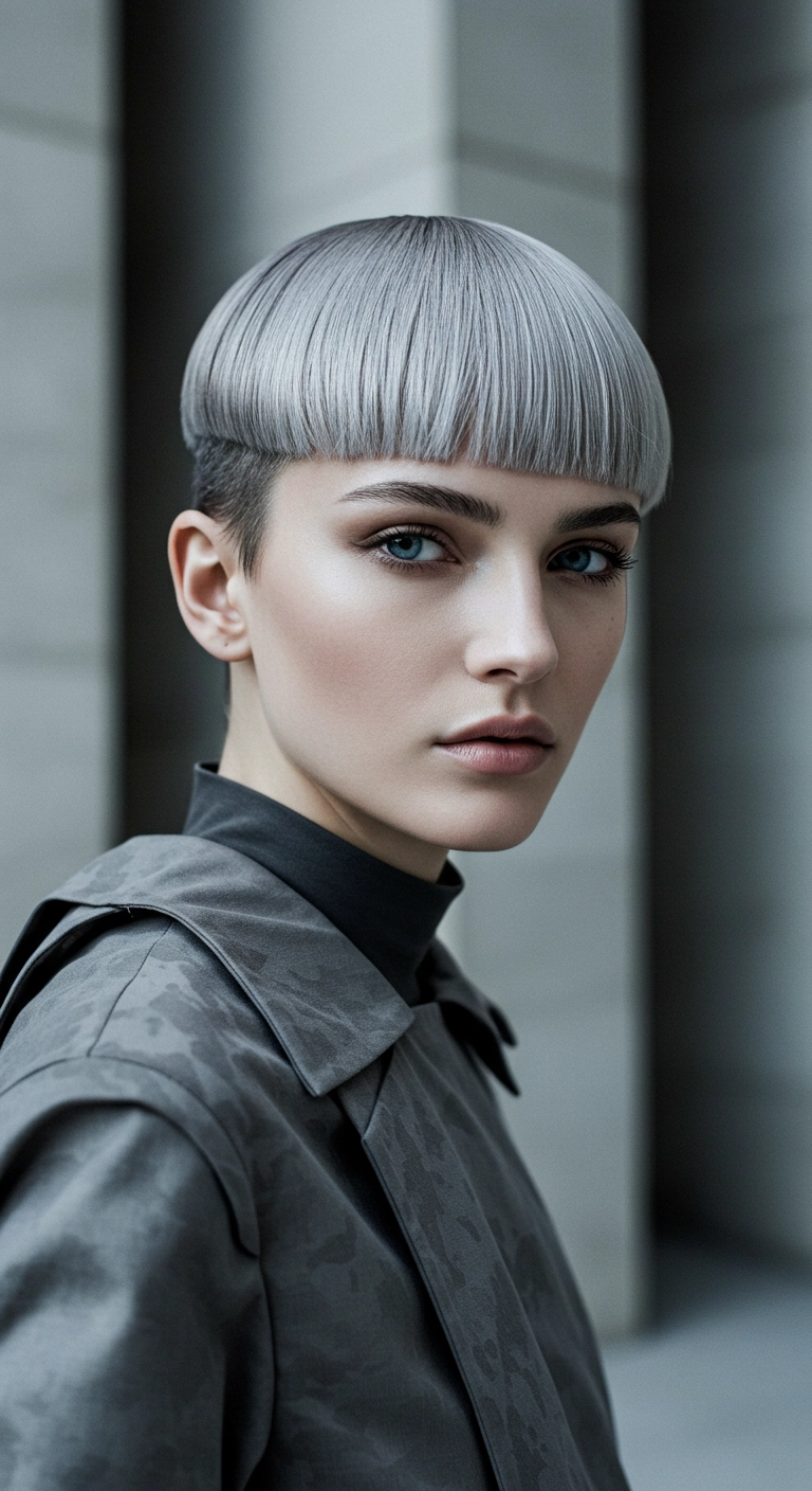 Futuristic Metallic Silver Precision Bowl Cut with Undercut