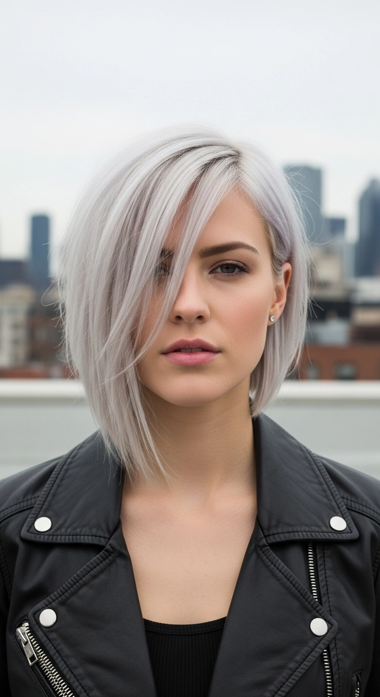 Icy Platinum Asymmetrical Bob with Sweeping Fringe