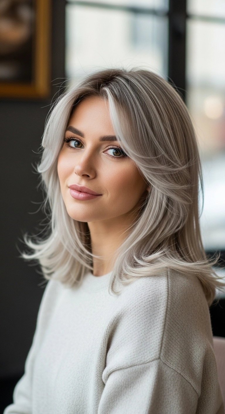 Icy Platinum Layered Lob with Feathered Curtain Bangs