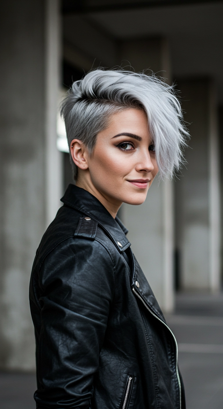 Icy Silver Asymmetrical Undercut Pixie