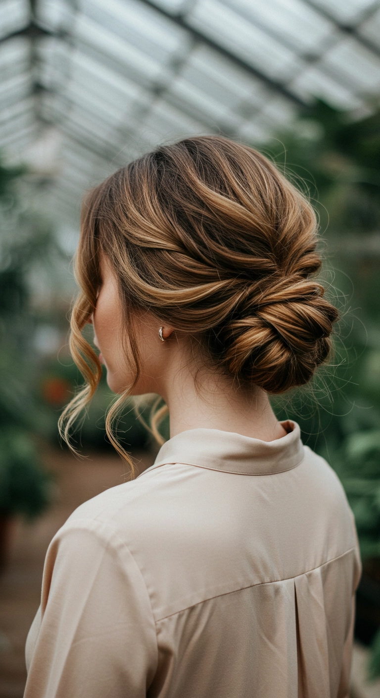 Romantic Twisted Low Chignon with Caramel Balayage
