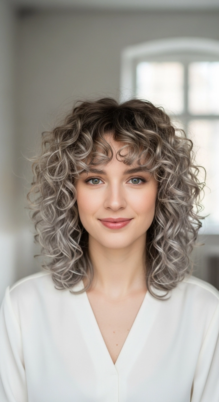 Ash Blonde Curly Shag Lob with Bouncy Fringe