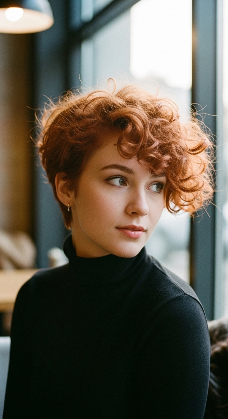 Voluminous Curly Copper Pixie Cut with Side-Swept Bangs