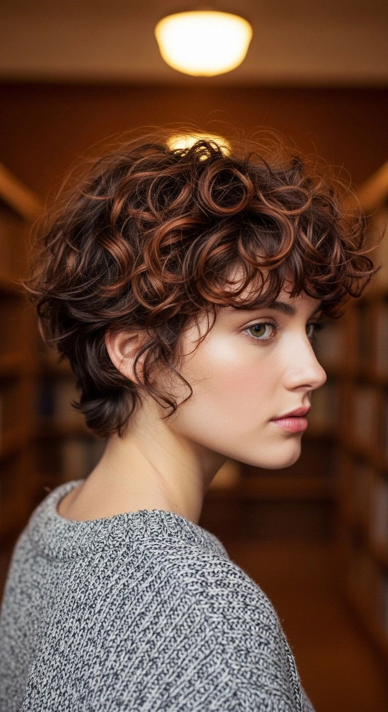 Tousled Curly Pixie Cut with Auburn Balayage