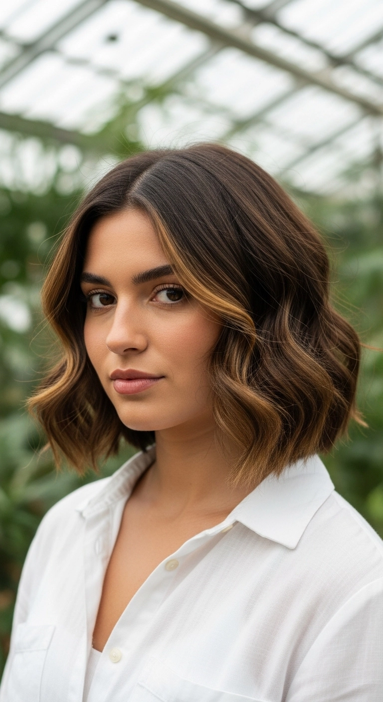 Warm Honey Balayage Wavy Bob