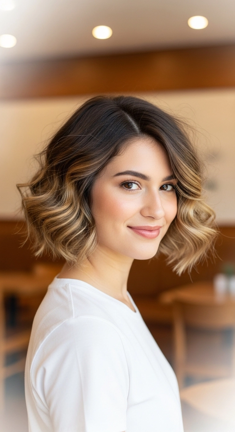 Soft Wavy Honey Balayage Bob